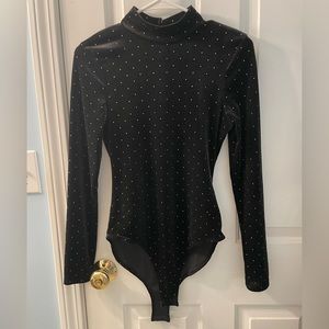 Black Velvet Long-Sleeve Body Suit with Rhinestones